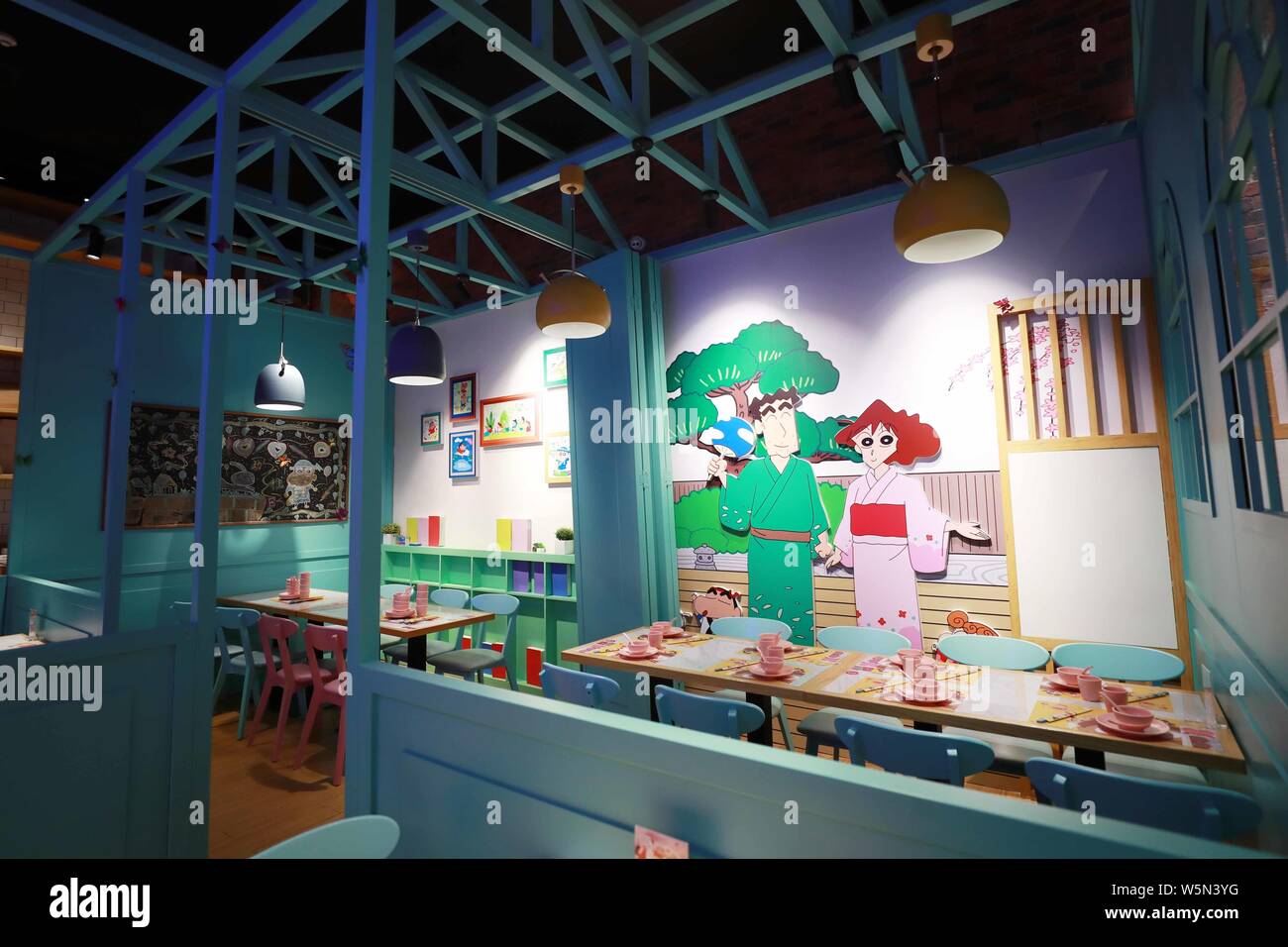 Interior view of the Dim Sum Time restaurant in the theme of Japanese manga series Crayon Shin-chan at a shopping mall in Changning district, Shanghai Stock Photo