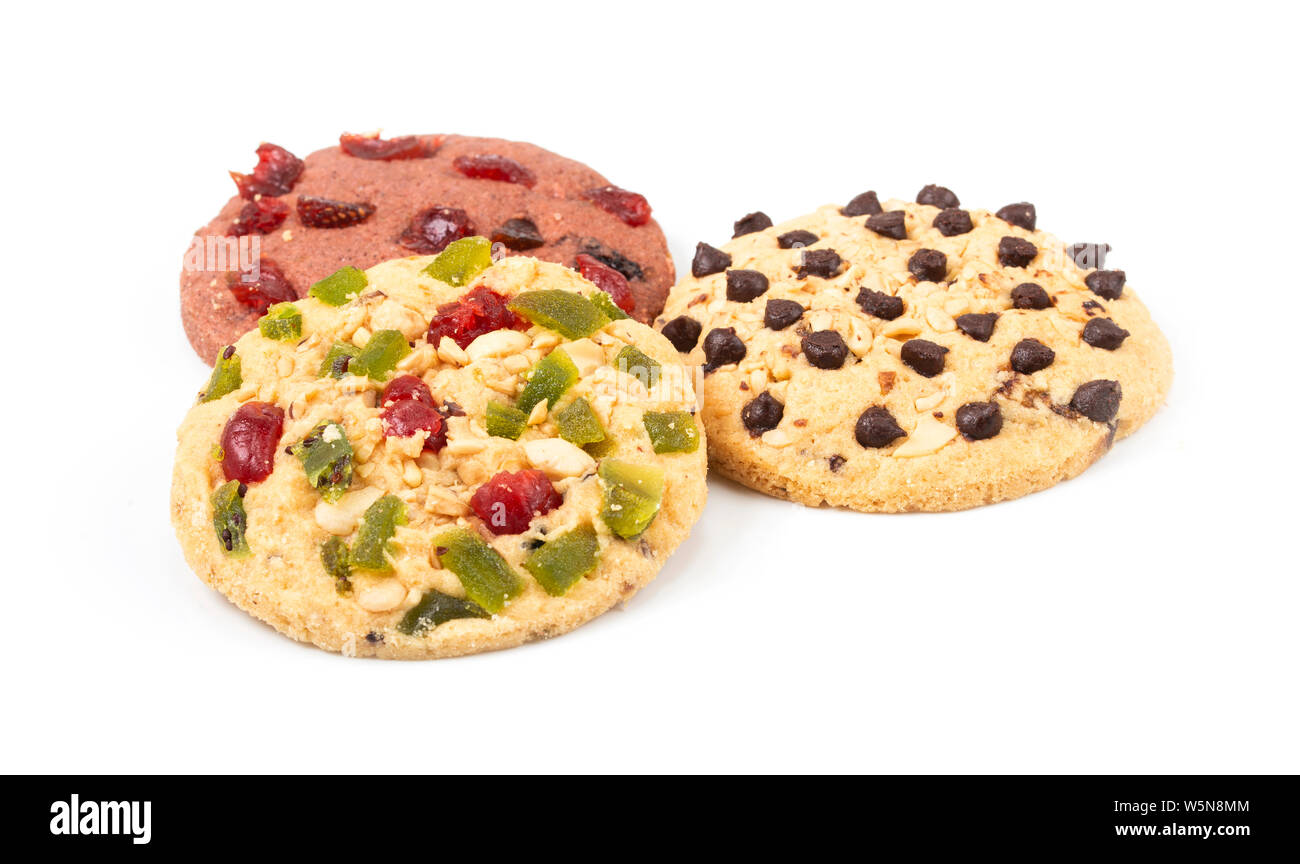 round cookies with dried fruit isolated on white background Stock Photo
