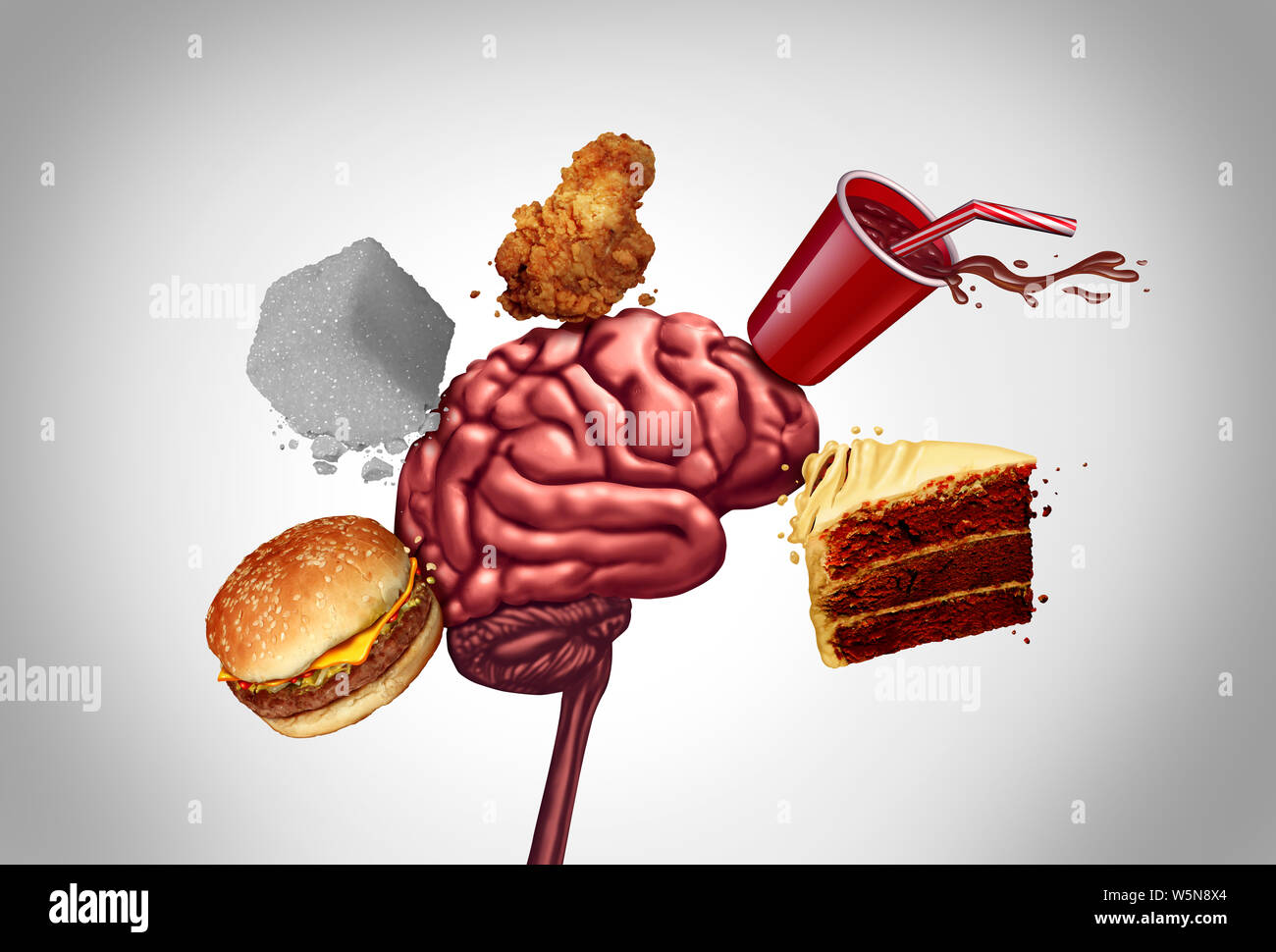 Junk food brain health and unhealthy nutrition choices for mental function as a human thinking organ being hit by a cheeseburger sugar soft drink. Stock Photo