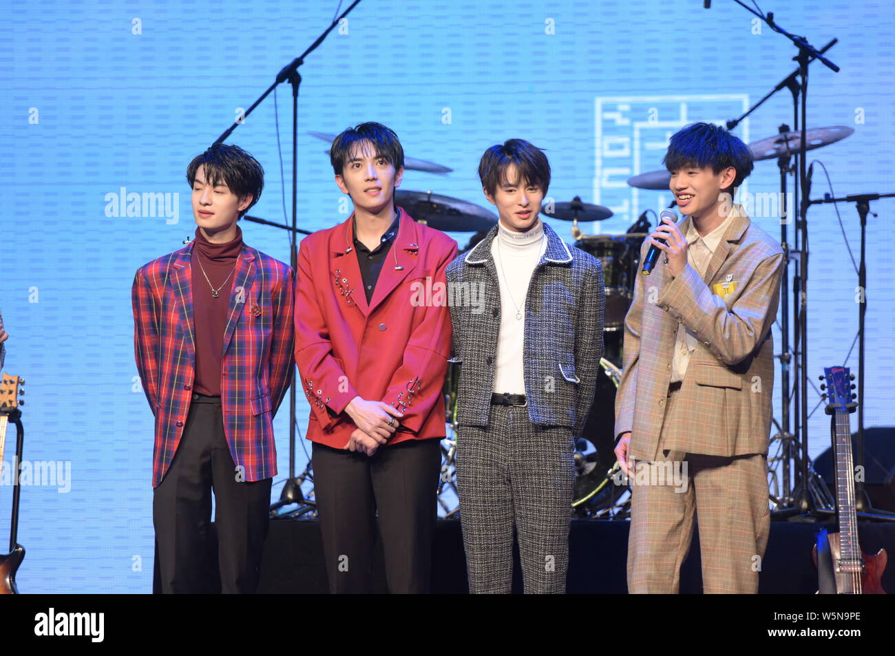 The members of Chinese boy band VOGUE5 attend their debut showcase in