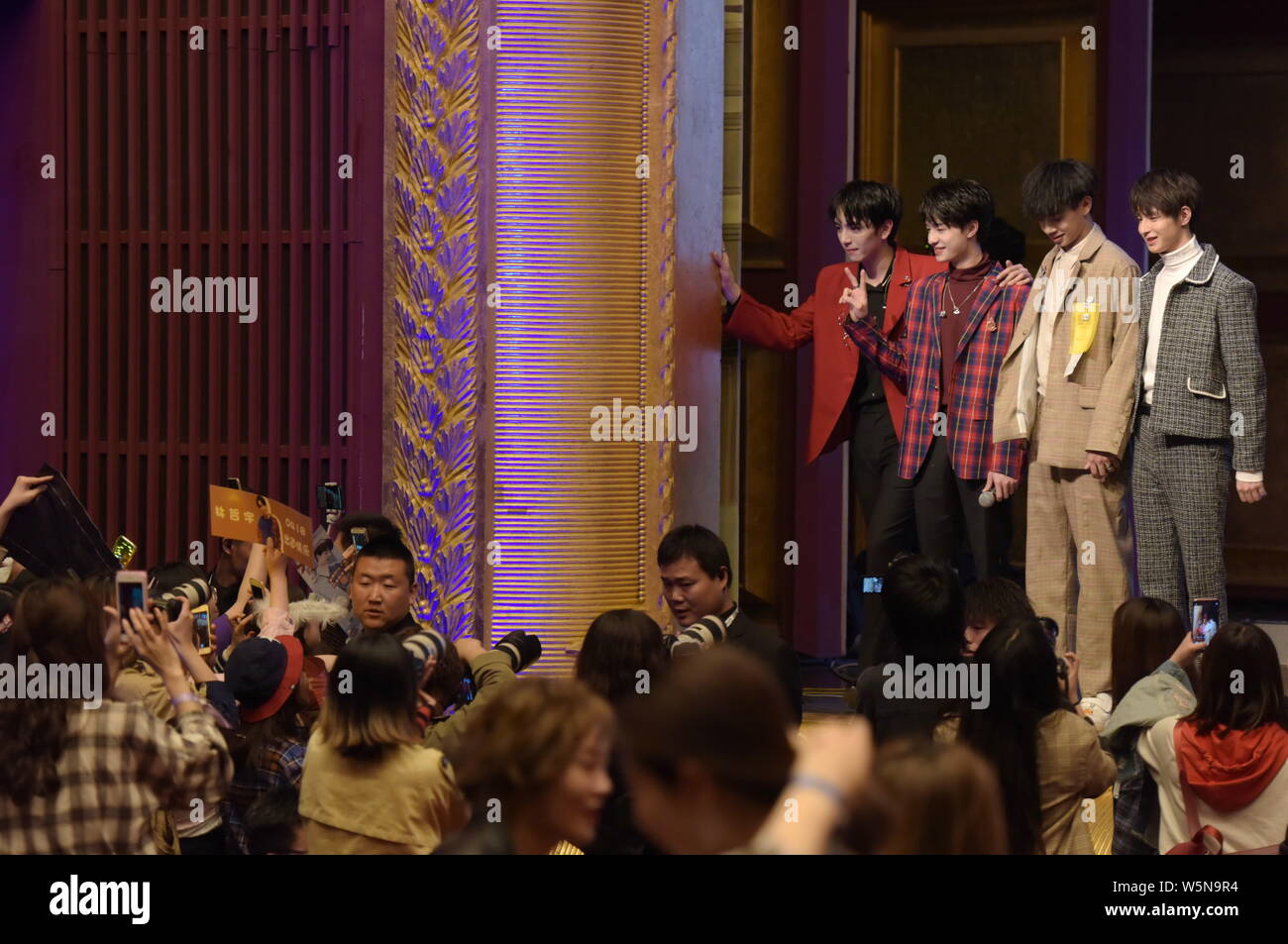 The members of Chinese boy band VOGUE5 attend their debut showcase in