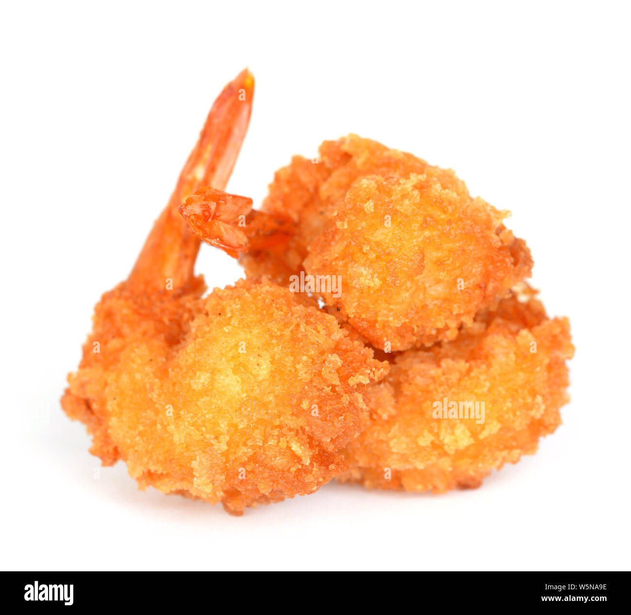 three deep fried breaded shrimp on white background Stock Photo Alamy