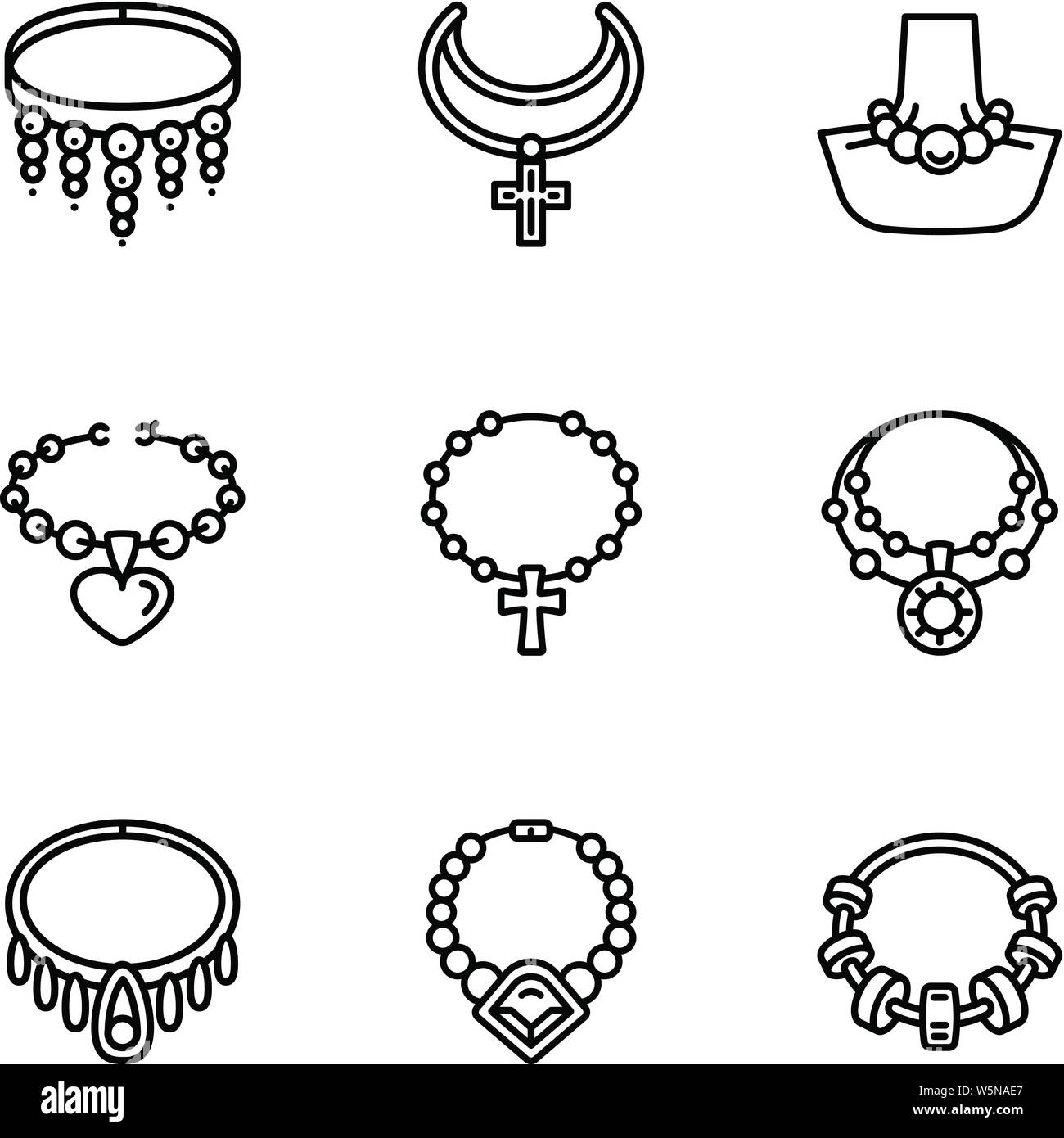 Pearl jewelry icon set. Outline set of 9 pearl jewelry vector icons for web design isolated on white background Stock Vector