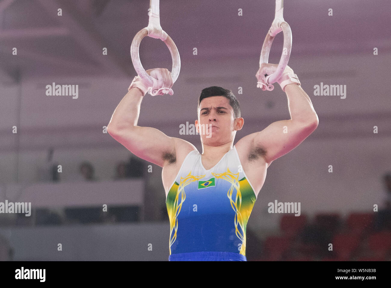 Lima, Peru. 28th July, 2019. Luis Porto (#79) of Brazil performs on the still rings during the Pan American Games Artistic Gymnastics, Men's Team Qualification and Final at Polideportivo Villa el Salvador in Lima, Peru. Daniel Lea/CSM/Alamy Live News Stock Photo