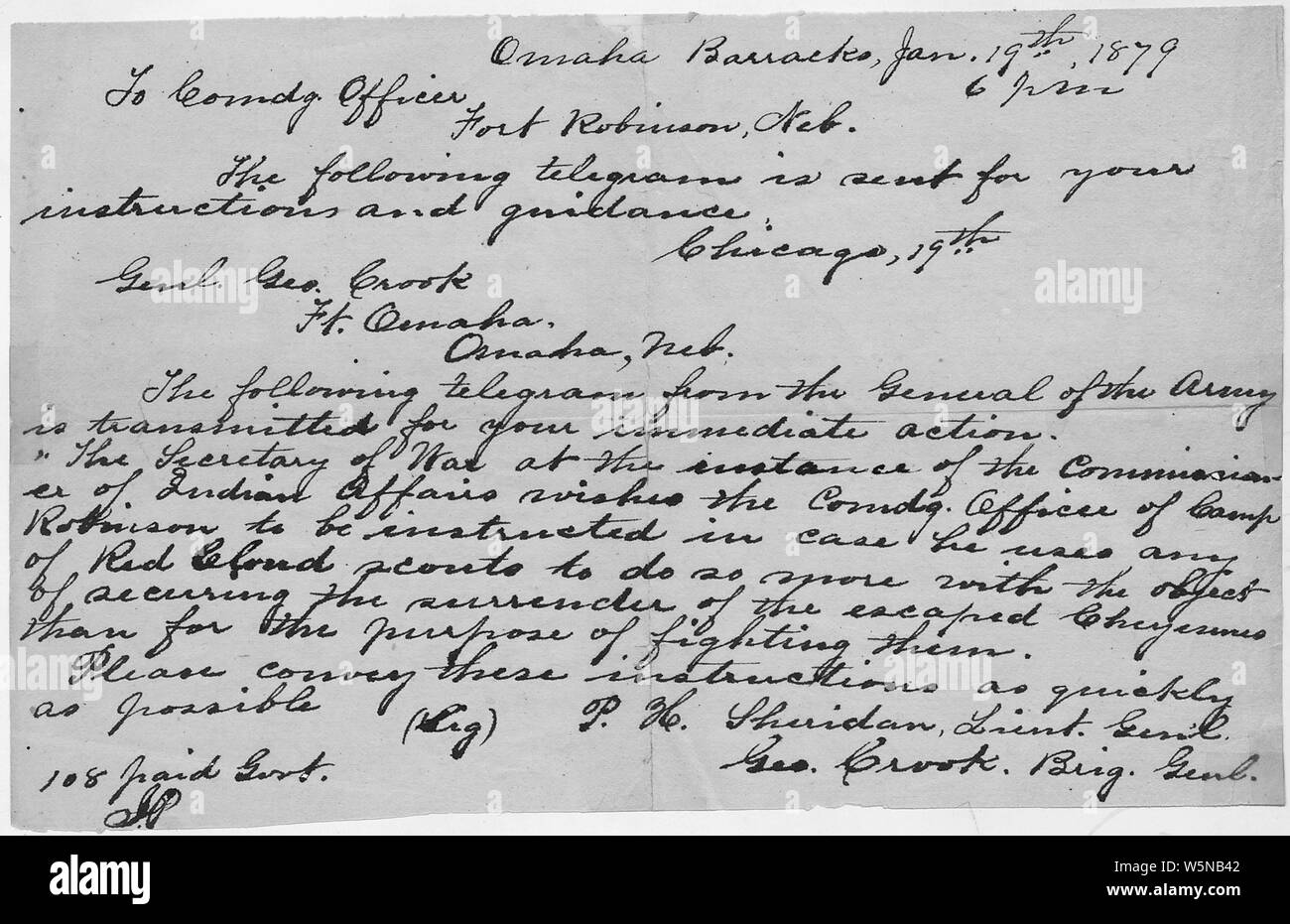 Generals P.H. Sheridan and George Crook to Commanding Officer, Fort Robinson, Nebraska.; Scope and content:  This is document pertains to: Copies of Military Telegrams Regarding Cheyenne Escapees and Cheyenne Women and Orphans. January 19, 1879 to January 28, 1879. Stock Photo