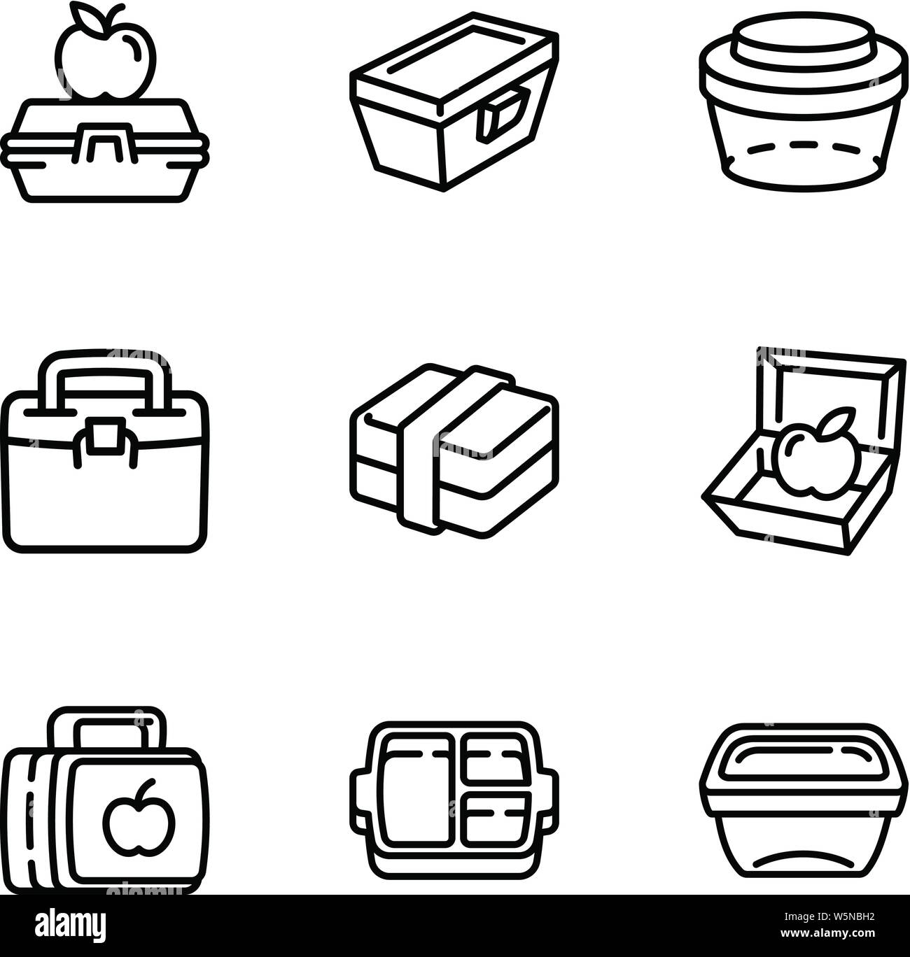 Lunch box icon set. Outline set of 9 lunch box vector icons for web