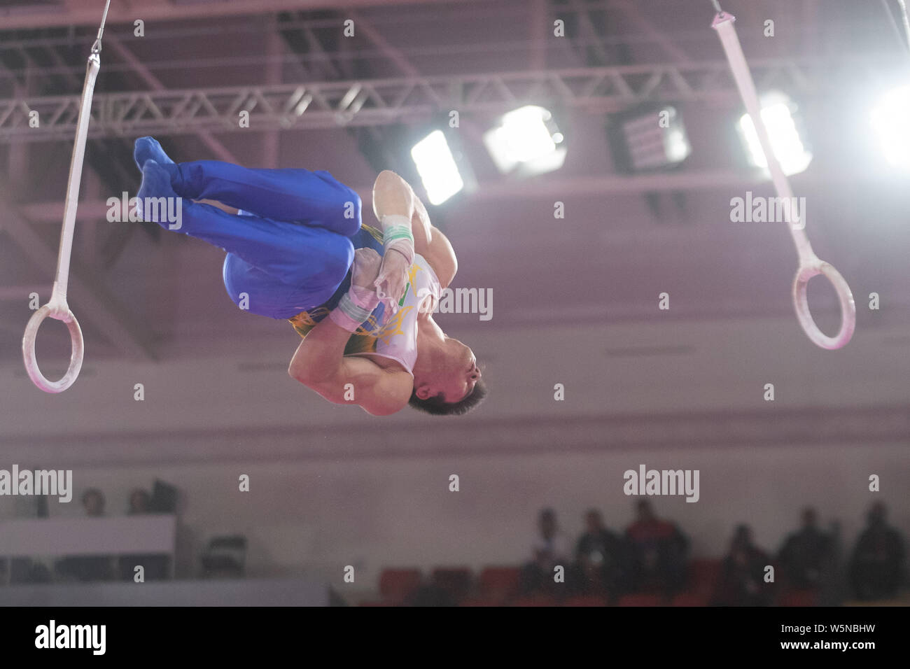 Lima, Peru. 28th July, 2019. Arthur Mariano (#78) of Brazil performs on the still rings during the Pan American Games Artistic Gymnastics, Men's Team Qualification and Final at Polideportivo Villa el Salvador in Lima, Peru. Daniel Lea/CSM/Alamy Live News Stock Photo