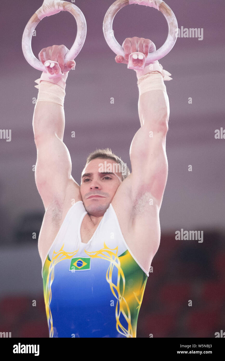 Lima, Peru. 28th July, 2019. Arthur Zanetti (#81) of Brazil performs on the still rings during the Pan American Games Artistic Gymnastics, Men's Team Qualification and Final at Polideportivo Villa el Salvador in Lima, Peru. Daniel Lea/CSM/Alamy Live News Stock Photo