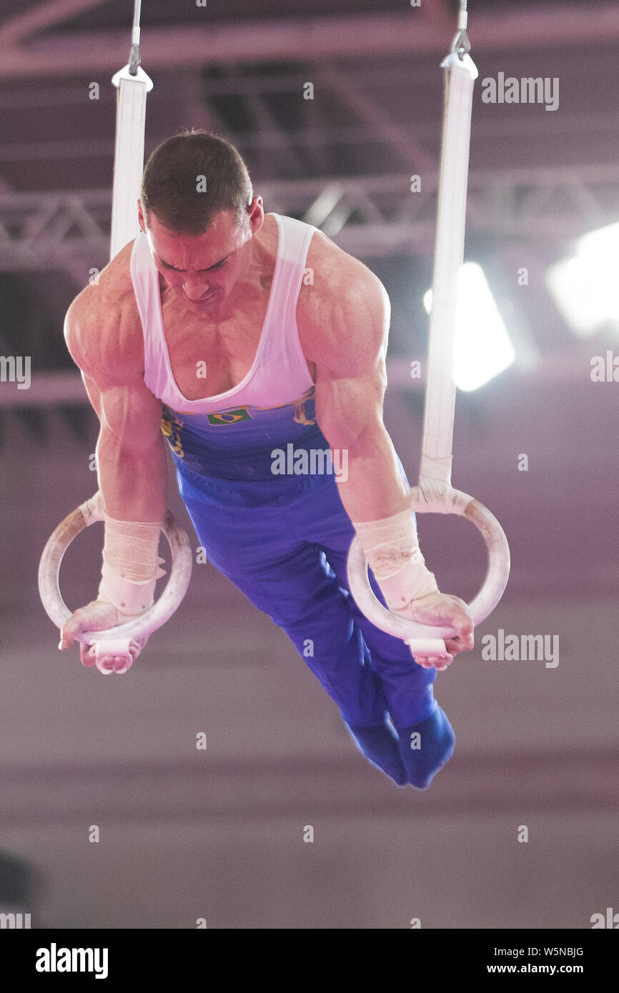 Lima, Peru. 28th July, 2019. Arthur Zanetti (#81) of Brazil performs on the still rings during the Pan American Games Artistic Gymnastics, Men's Team Qualification and Final at Polideportivo Villa el Salvador in Lima, Peru. Daniel Lea/CSM/Alamy Live News Stock Photo