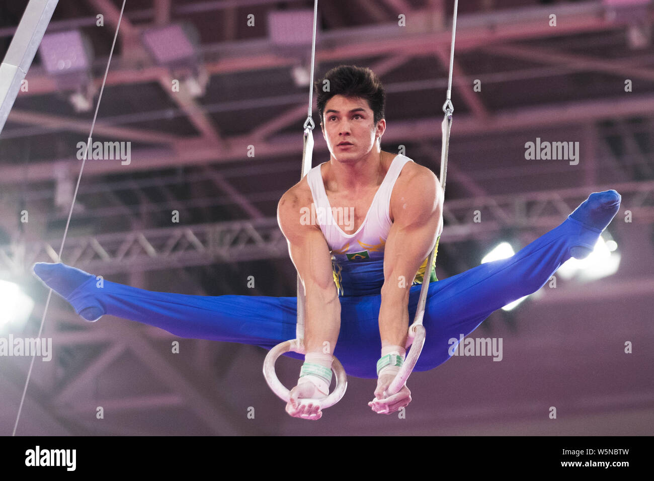 Lima, Peru. 28th July, 2019. Arthur Mariano (#78) of Brazil performs on the still rings during the Pan American Games Artistic Gymnastics, Men's Team Qualification and Final at Polideportivo Villa el Salvador in Lima, Peru. Daniel Lea/CSM/Alamy Live News Stock Photo