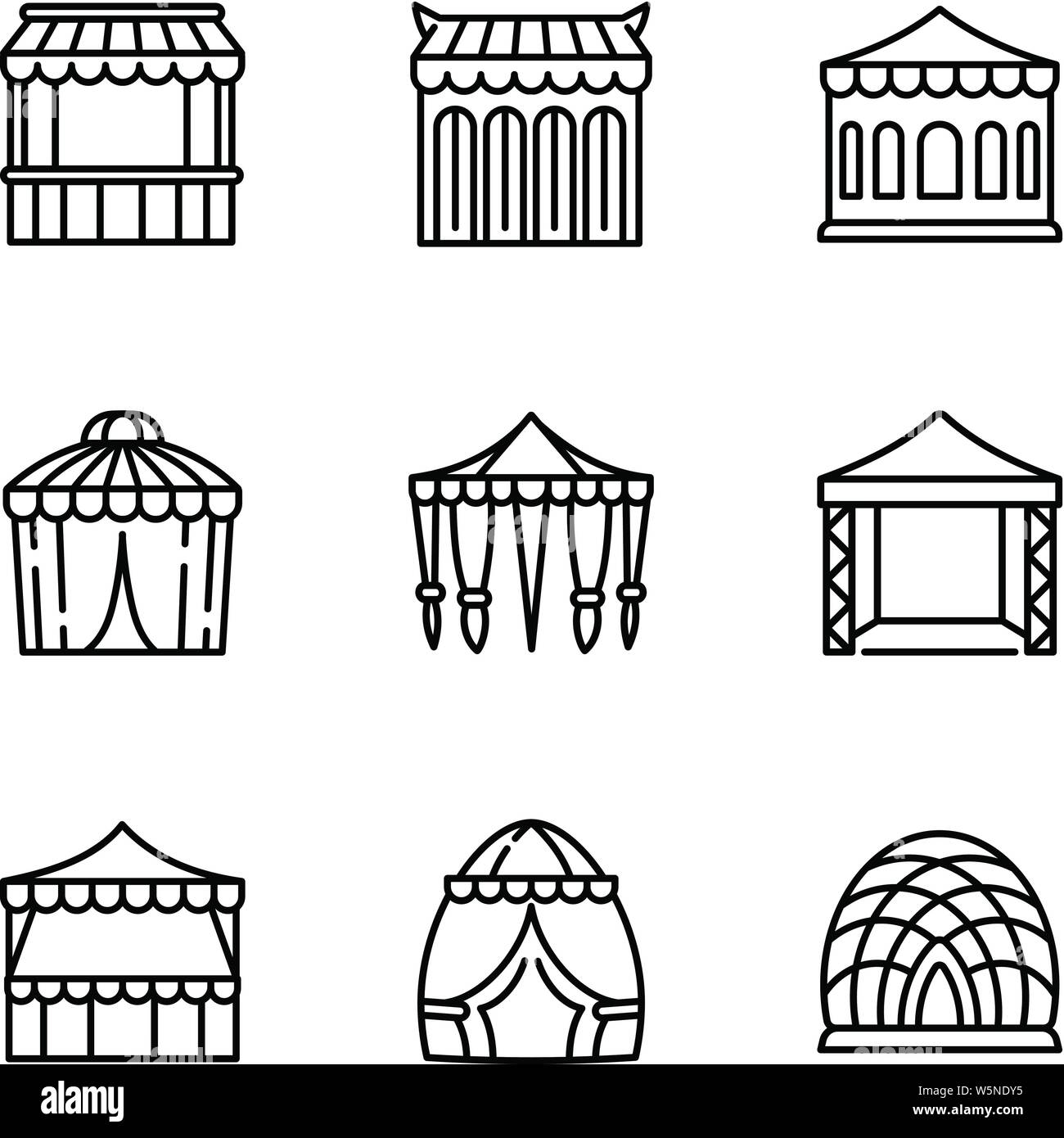 Event tent icon set. Outline set of 9 event tent vector icons for web
