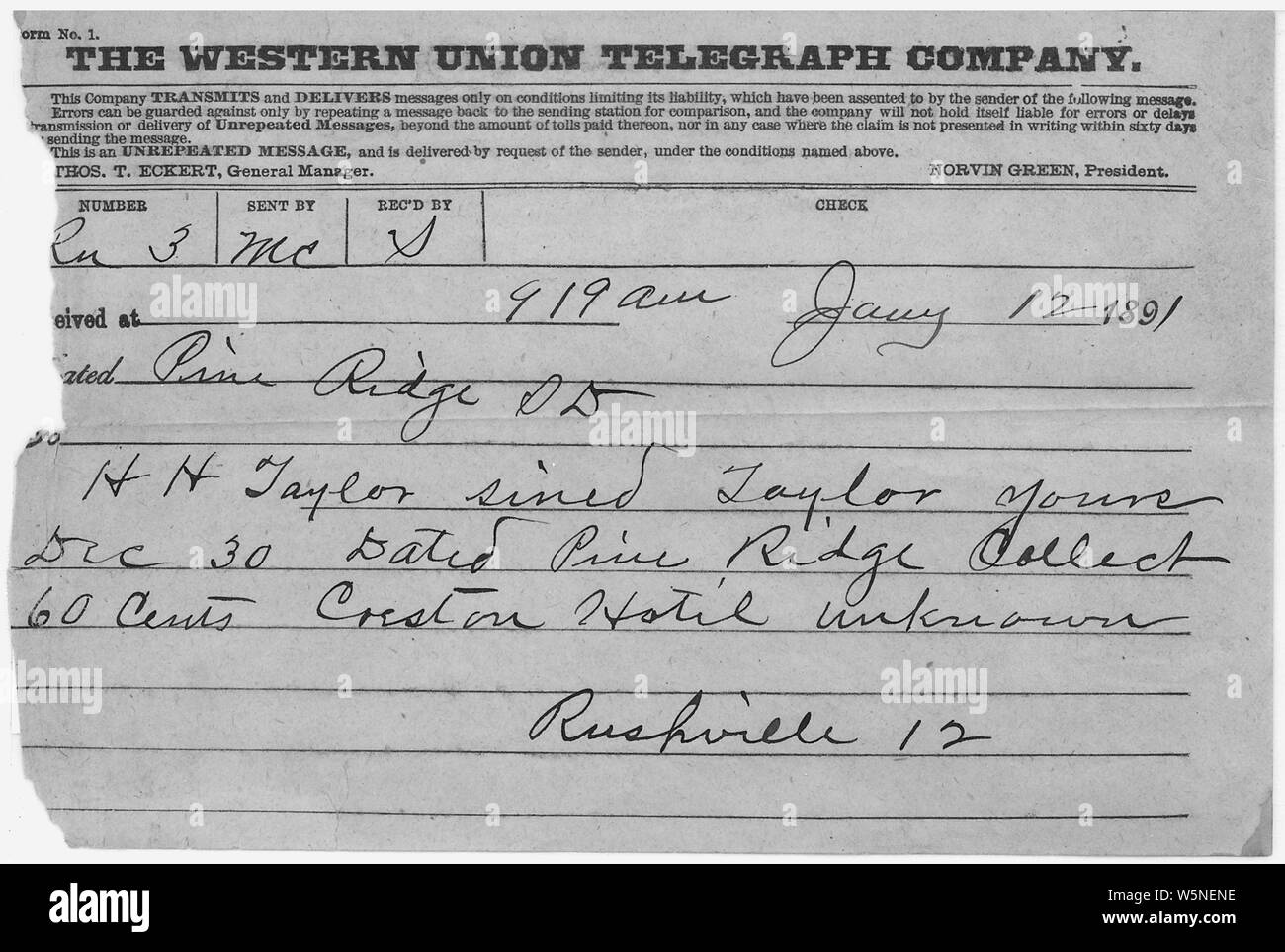 H.H. Taylor Telegram; Scope and content:  This is document pertains to: Correspondence Between Military Officers Regarding Wounded Knee Tragedy. November 24, 1890 to January 24, 1891. Stock Photo