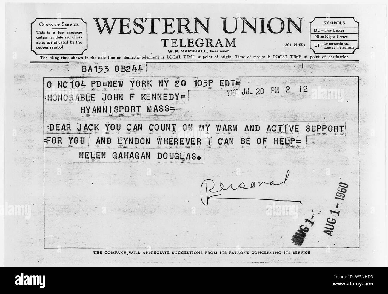 Helen Gahagan Brown Telegram to John F. Kennedy July 15, 1960; Scope and content:  Telegram from Helen Gahagan Brown to John F. Kennedy congratulating him on receiving the Democratic Party's nomination for President of the United States. Stock Photo