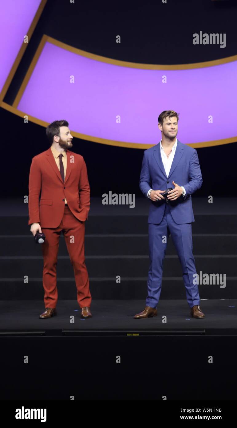 Chris Hemsworth, right, and Chris Evans attend a premiere event for the movie 'Avengers: Endgame' in Shanghai, China, 18 April 2019. Stock Photo