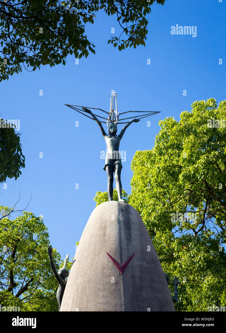 A statue of Sadako Sasaki on the Children's Peace Monument (原爆の子の像, Genbaku no Ko no Zo) in Hiroshima, Japan. Stock Photo