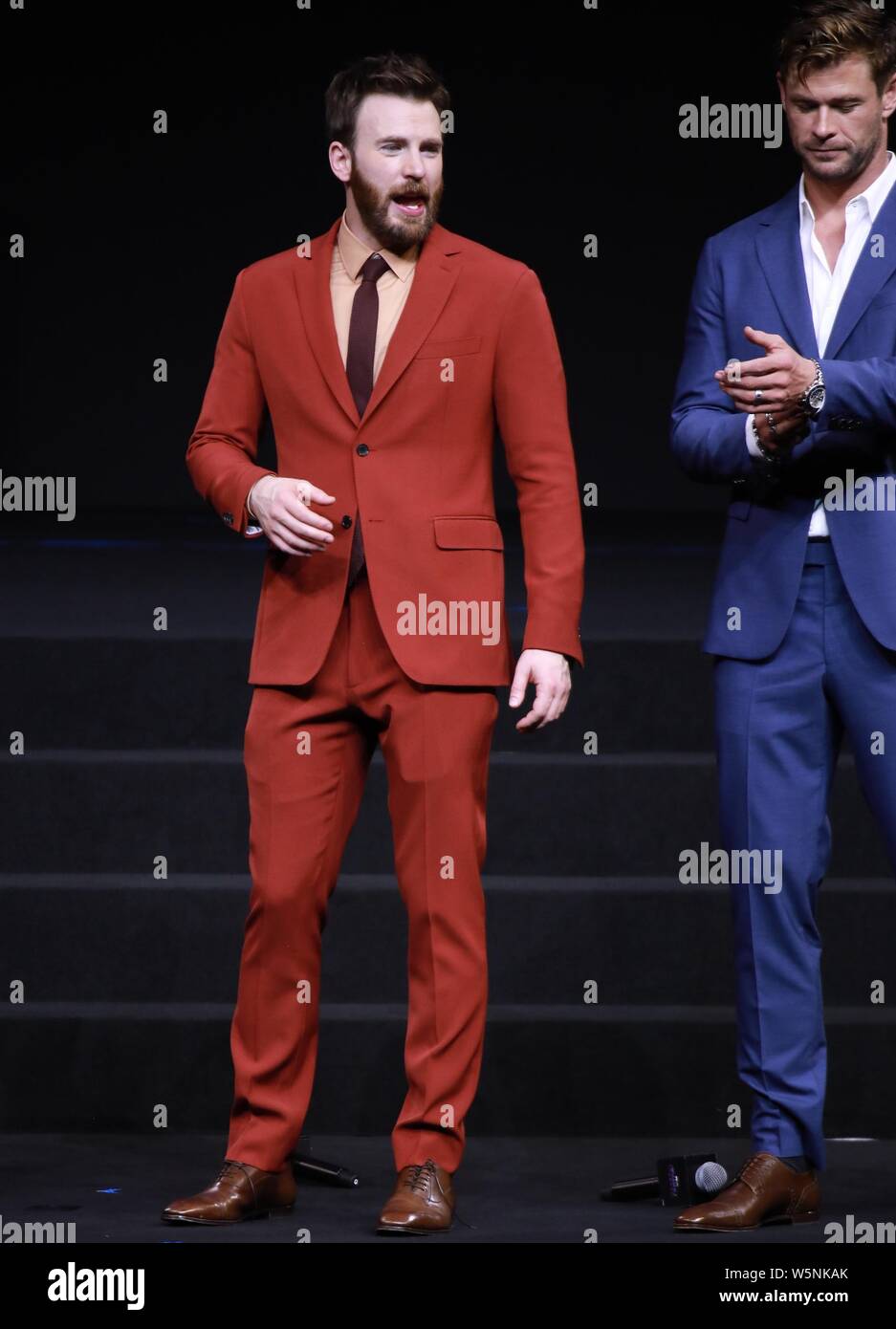 Chris Evans, left, and Chris Hemsworth attend a premiere event for the movie 'Avengers: Endgame' in Shanghai, China, 18 April 2019. Stock Photo