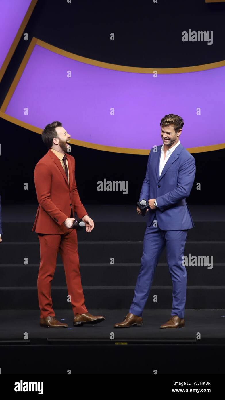 Chris Hemsworth, right, and Chris Evans attend a premiere event for the movie 'Avengers: Endgame' in Shanghai, China, 18 April 2019. Stock Photo