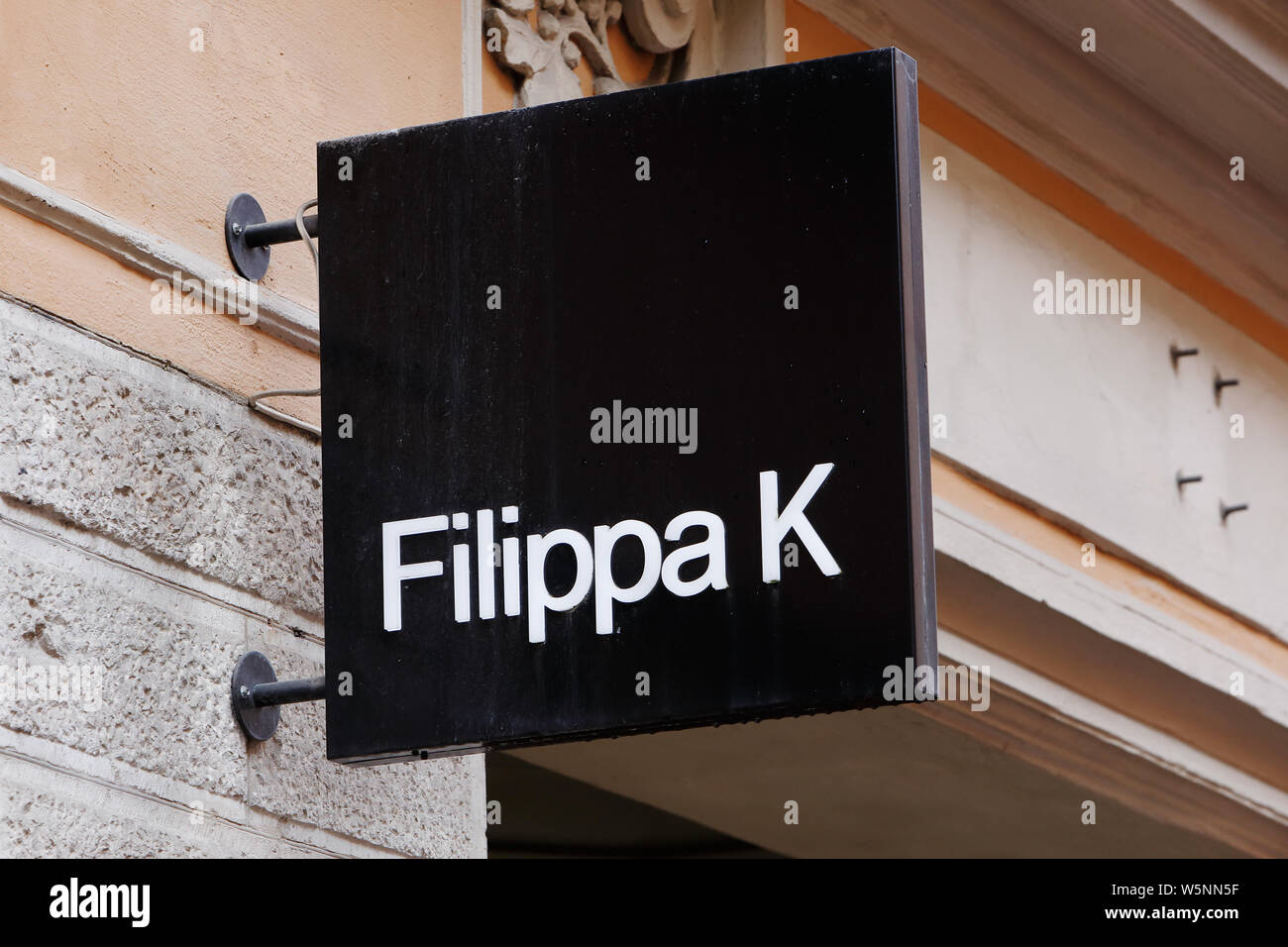Stockhom, Sweden - April 30, 2019: The brand sign at the Filippa K clothing shop located at the Grev Turegatan street. Stock Photo