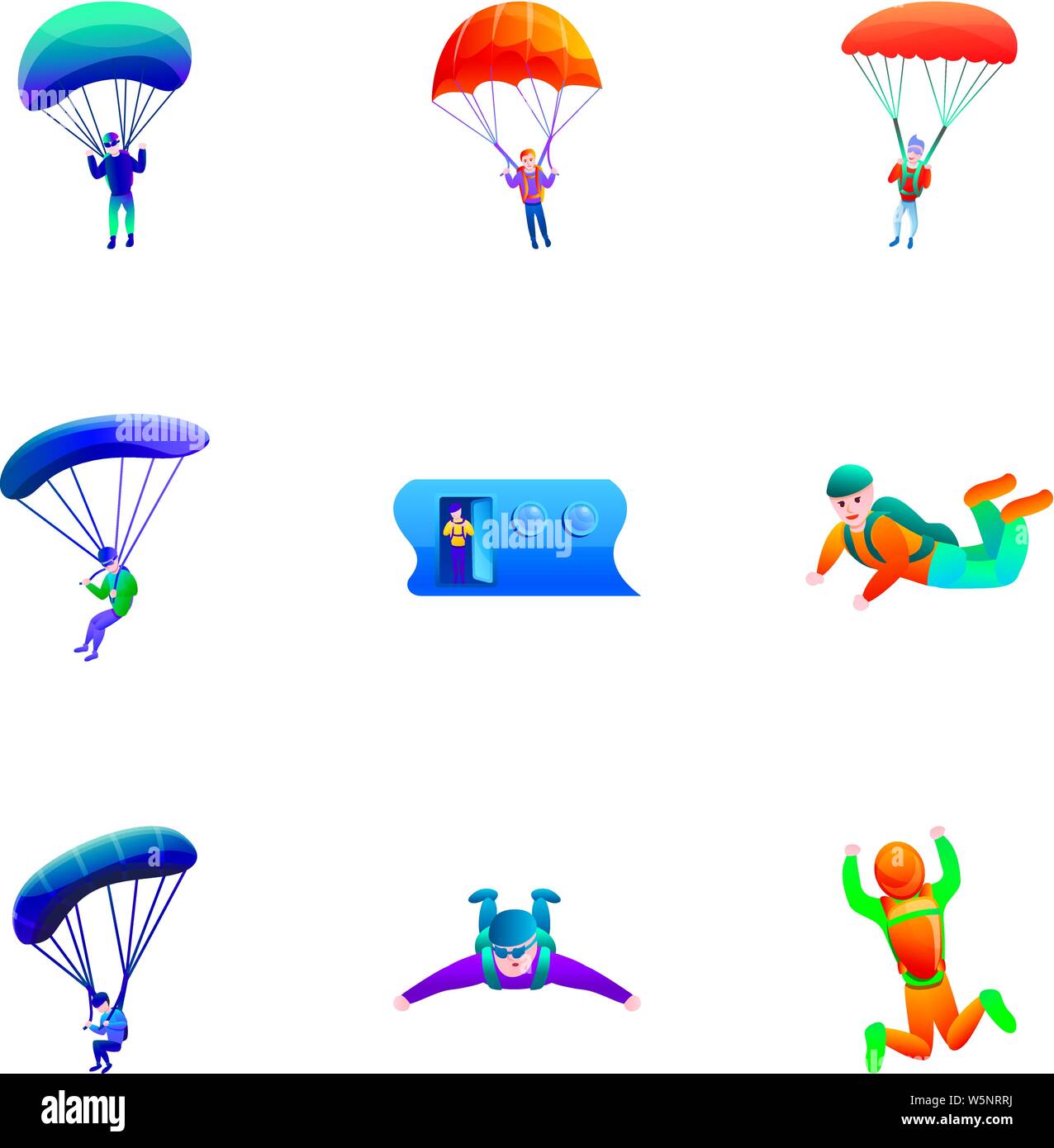 Skydivers icon set. Cartoon set of 9 skydivers vector icons for web design isolated on white background Stock Vector