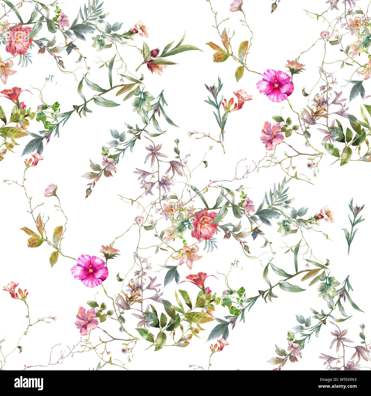 Watercolor painting of leaf and flowers, seamless pattern on white ...