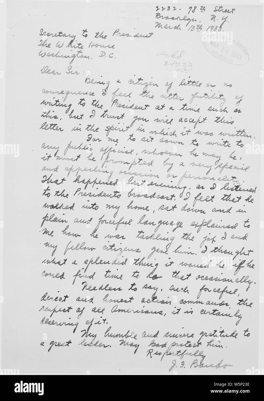 J. F. Bando letter to Franklin D. Roosevelt in reaction to first Fireside Chat. Stock Photo