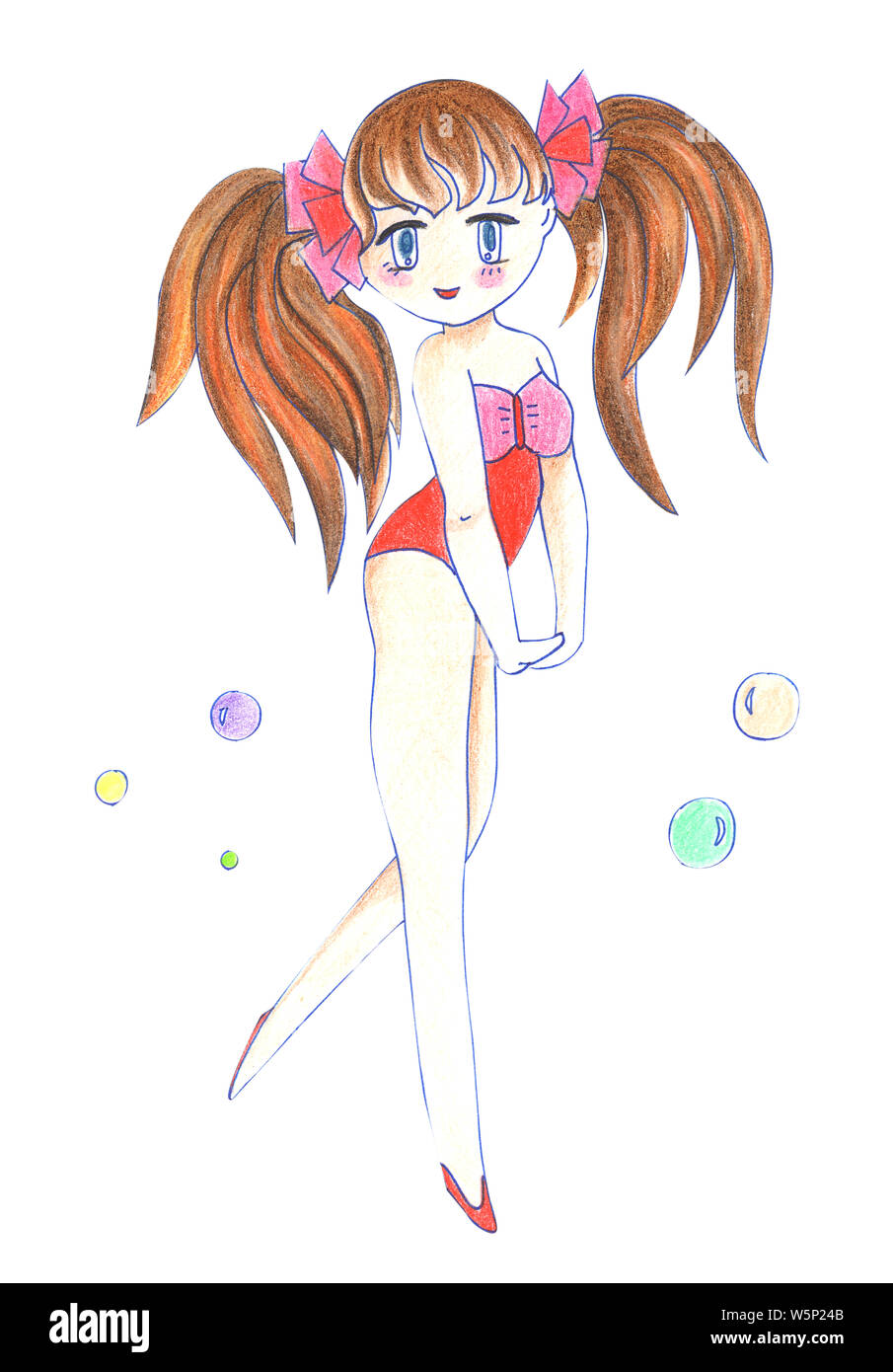 Illustration color drawing of watercolor manga girl in clothes on a white isolated background. Stock Photo