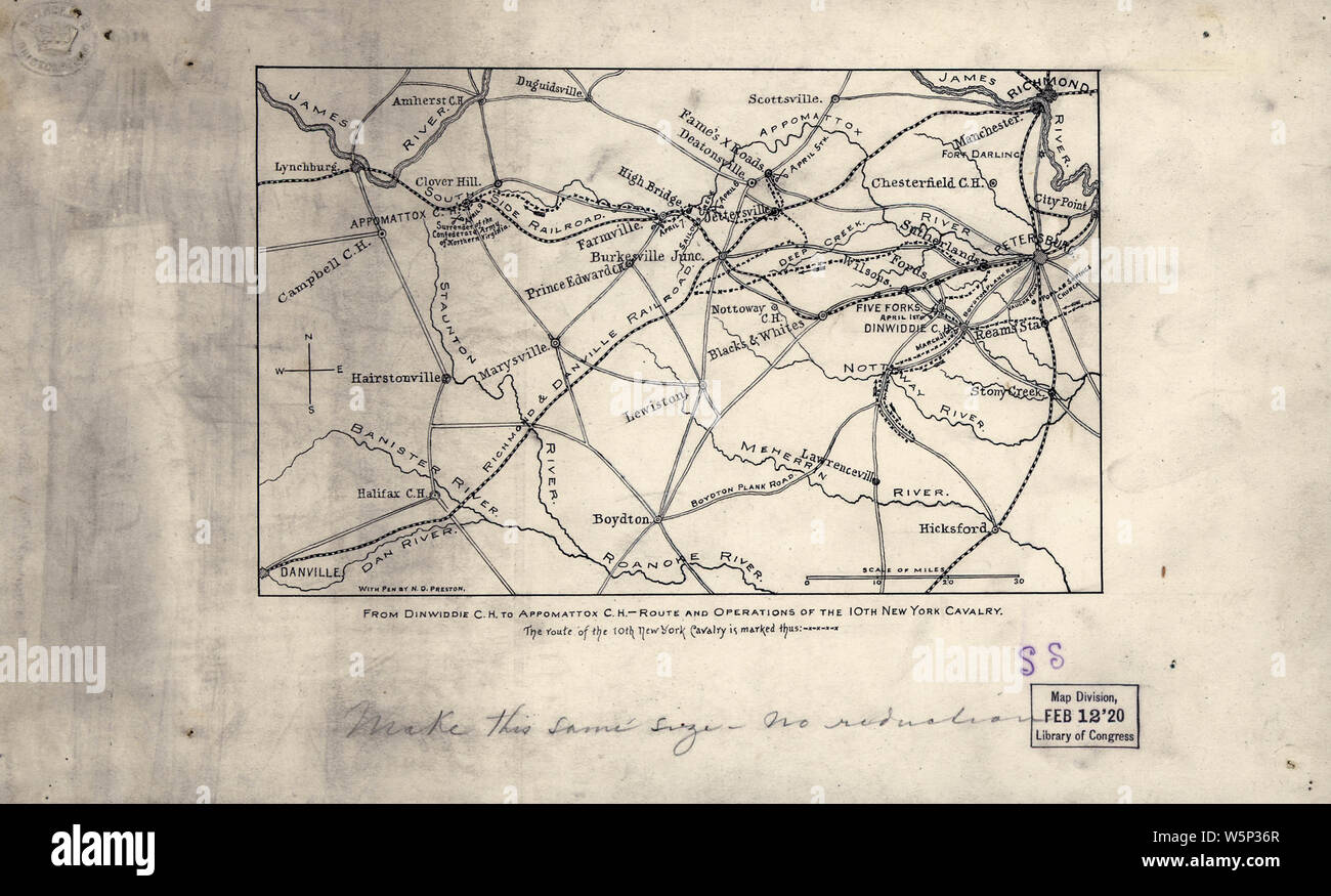 Civil War Maps 0413 From Dinwiddie CH to Appomattox CH route and operations of the 10th New York Cavalry Rebuild and Repair Stock Photo