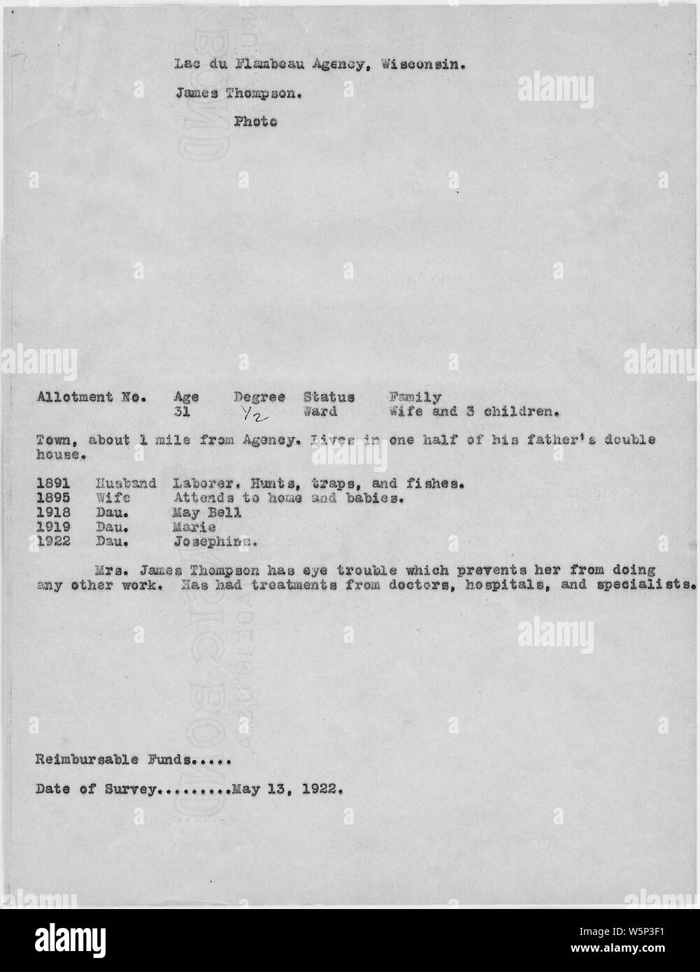 James Thompson; Scope and content Description of Allotment for James
