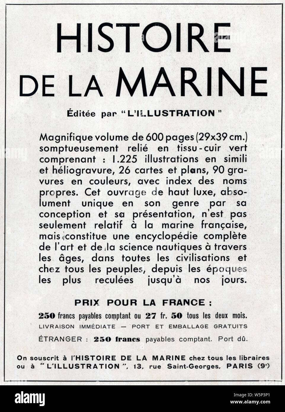 Publicité ancienne. Histoire de la Marine. 1937 Stock Photo