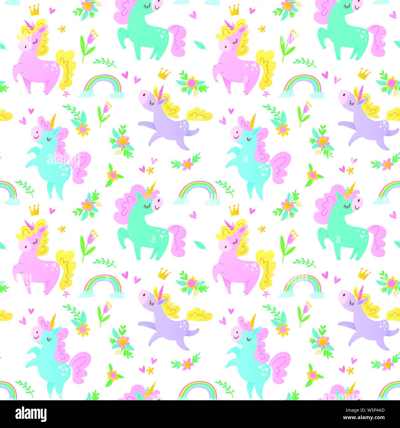 Seamless vector summer pattern with different unicorns, rainbows and flowers Stock Vector