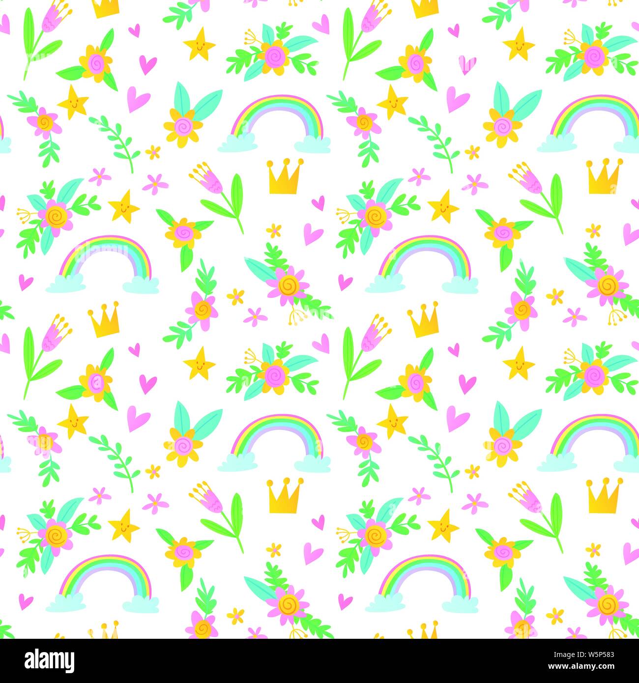 Seamless vector summer pattern with rainbows and flowers Stock Vector