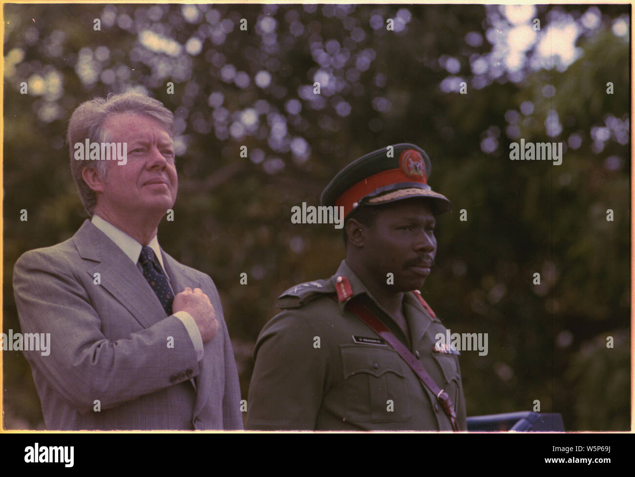 Jimmy Carter and Lt. Gen. Olusegun Obasanjo during arrival ceremonies for the President's state visit to Nigeria. Stock Photo