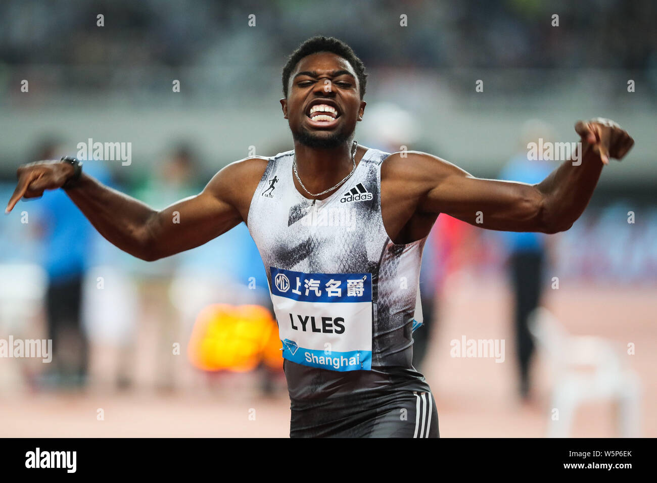 American professional track and field athlete Noah Lyles celebrates