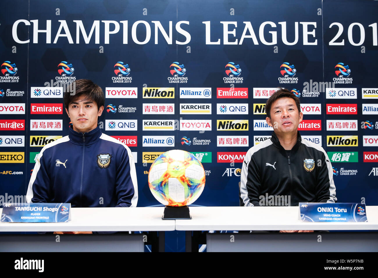 Head Coach Toru Oniki Right And Shogo Taniguchi Of Japan S Kawasaki Frontale F C Attend A Press Conference Before The 5th Round Of Group H Match Ag Stock Photo Alamy