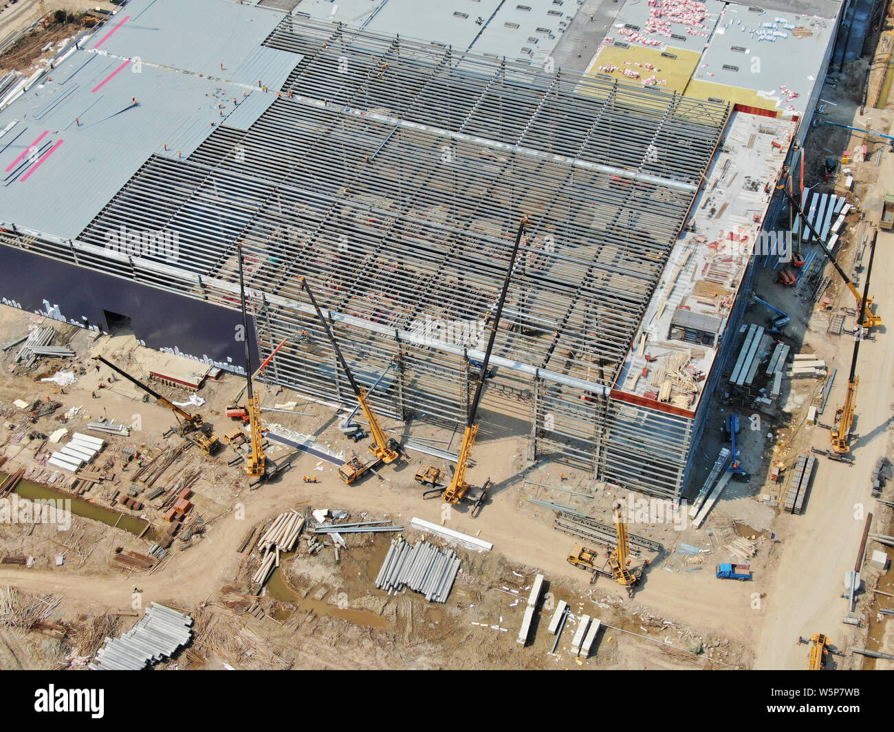 Aerial view of the Tesla Shanghai Gigafactory under construction in Lingang, Shanghai, China, 10 May 2019.   In the latest aerial photos of the Tesla Stock Photo