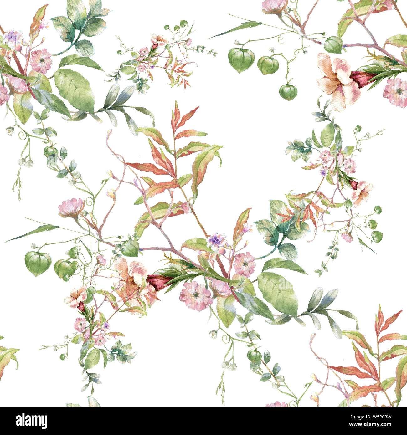 Watercolor painting of leaf and flowers, seamless pattern on white ...