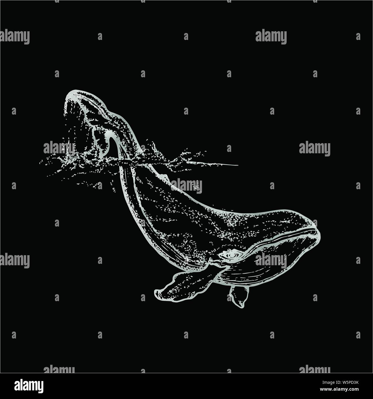 Black white illustration of a whale raising tail in the sea waves. An ...