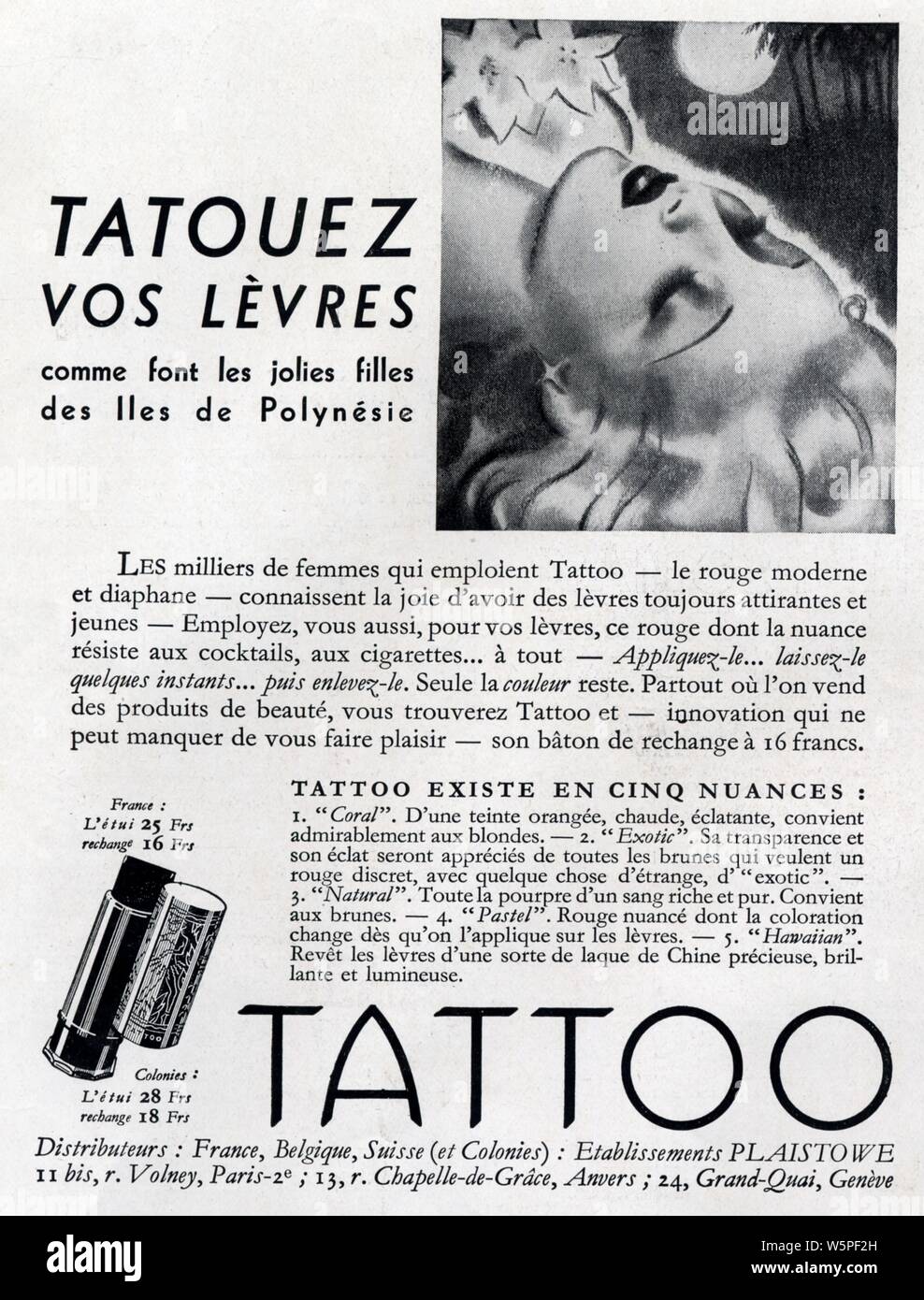 Publicité ancienne. Tatouez vos lèvres. 1937 Stock Photo