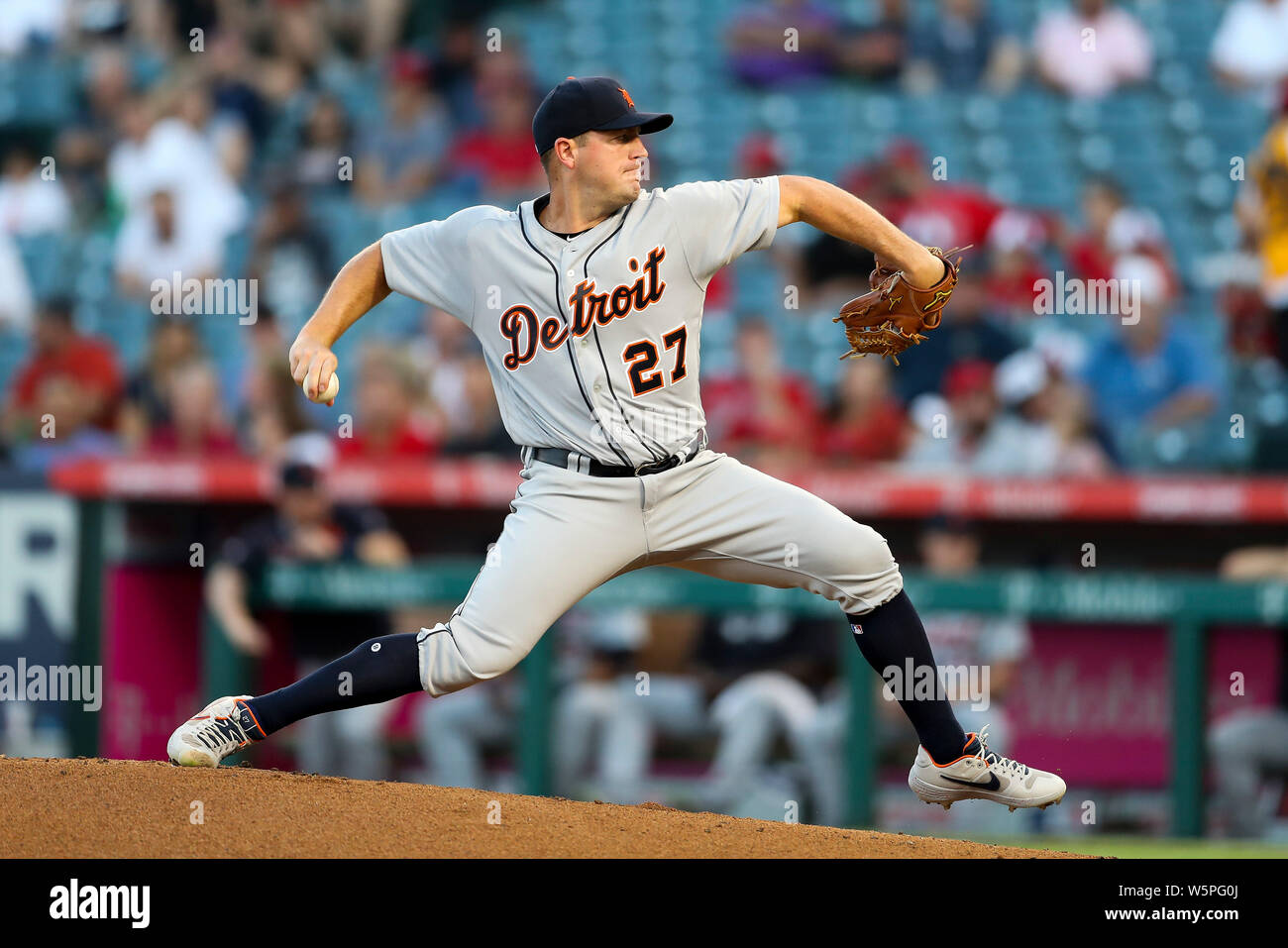 Anaheim, California, USA. July 29, 2019: Detroit Tigers starting pitcher Jordan Zimmermann (27) makes the start for the Tigers during the game between the Detroit Tigers and the Los Angeles Angels of Anaheim at Angel Stadium in Anaheim, CA, (Photo by Peter Joneleit, Cal Sport Media) Stock Photo