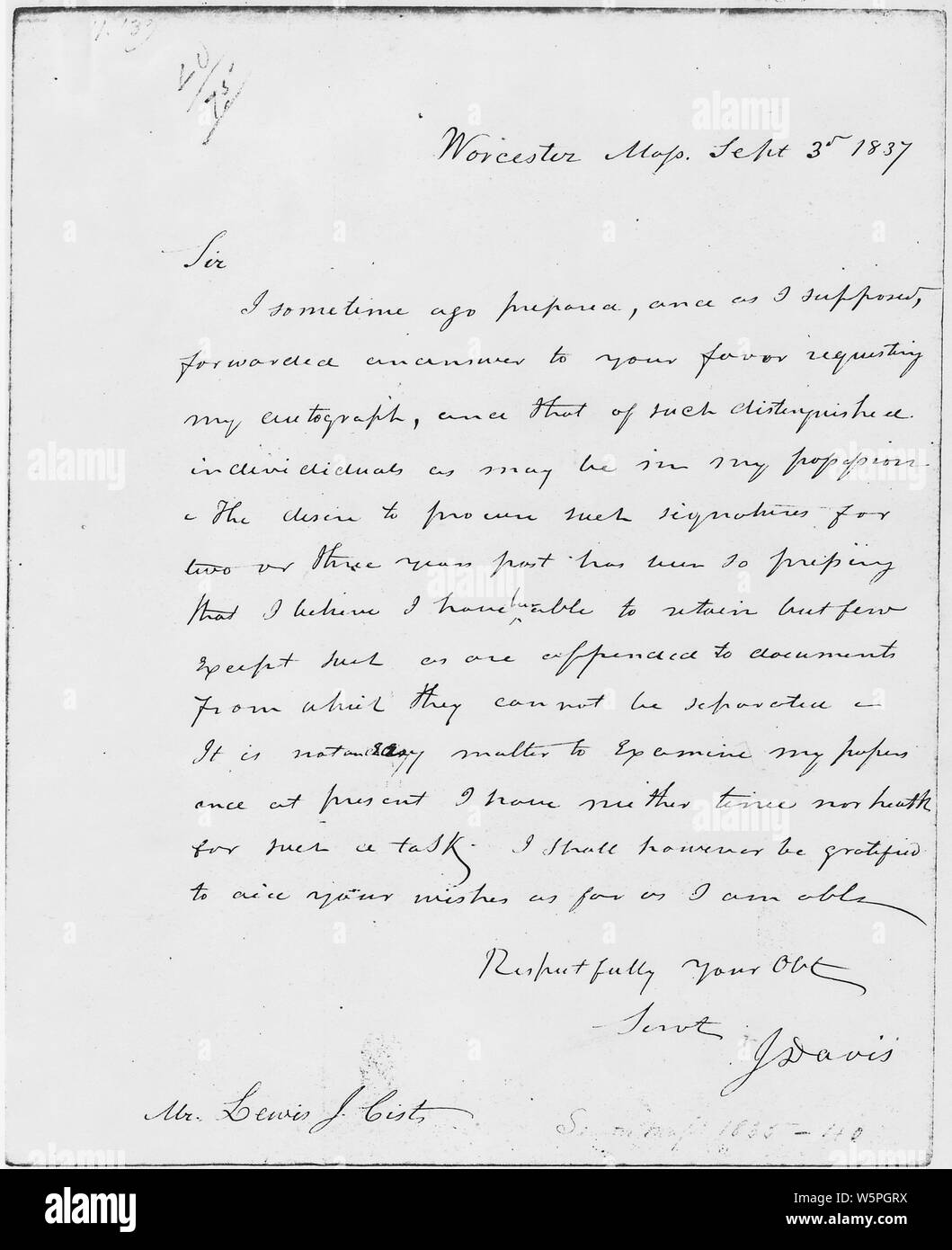 John Davis Letter to Louis Cist September 3, 1837; Scope and content:  Handwritten letter of John Davis, governor of Massachusetts, 1834 to 1835; 1841 to 1843, to Lewis Cist. Stock Photo