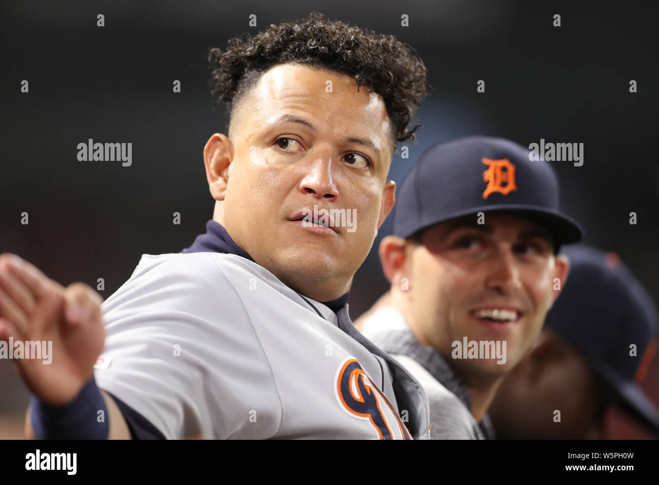 Detroit Tigers' Miguel Cabrera points to the stands after hitting a two-run  home run against the Cleveland Indians in the third inning of a baseball  game Tuesday, July 8, 2008, in Detroit.