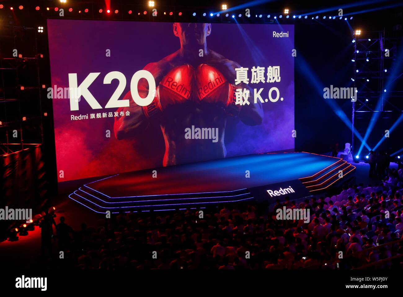 View of a signboard of Redmi K20 smartphones during the new product launch event in Beijing, China, 28 May 2019.   On Monday, Redmi had confirmed that Stock Photo