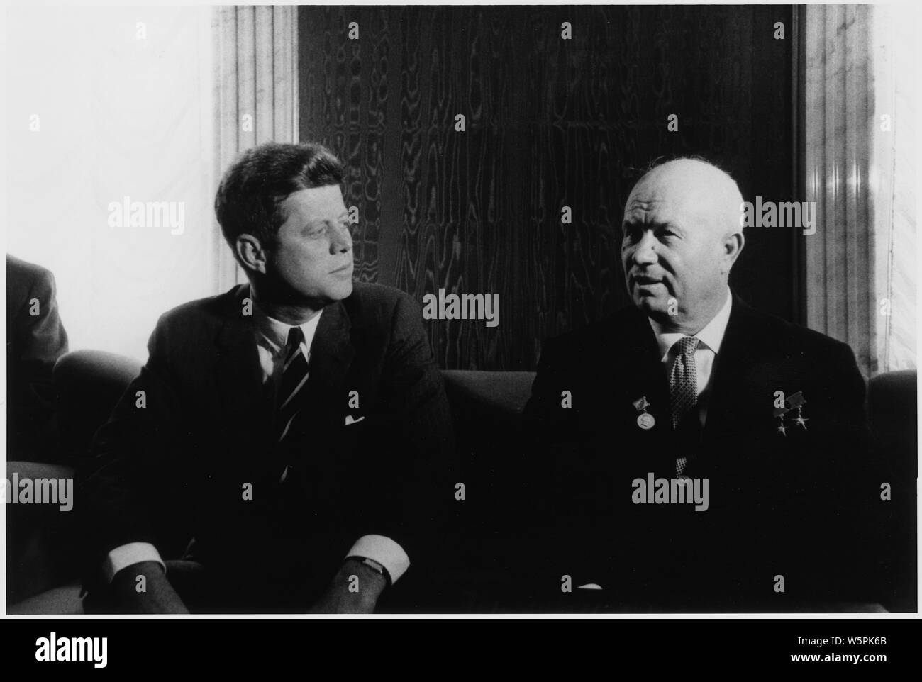 Kennedy and Khrushchev at Vienna Meeting; Scope and content:  Photograph of President John F. Kennedy and Chairman Nikita Khrushchev during their meeting in Vienna, Austria. Stock Photo