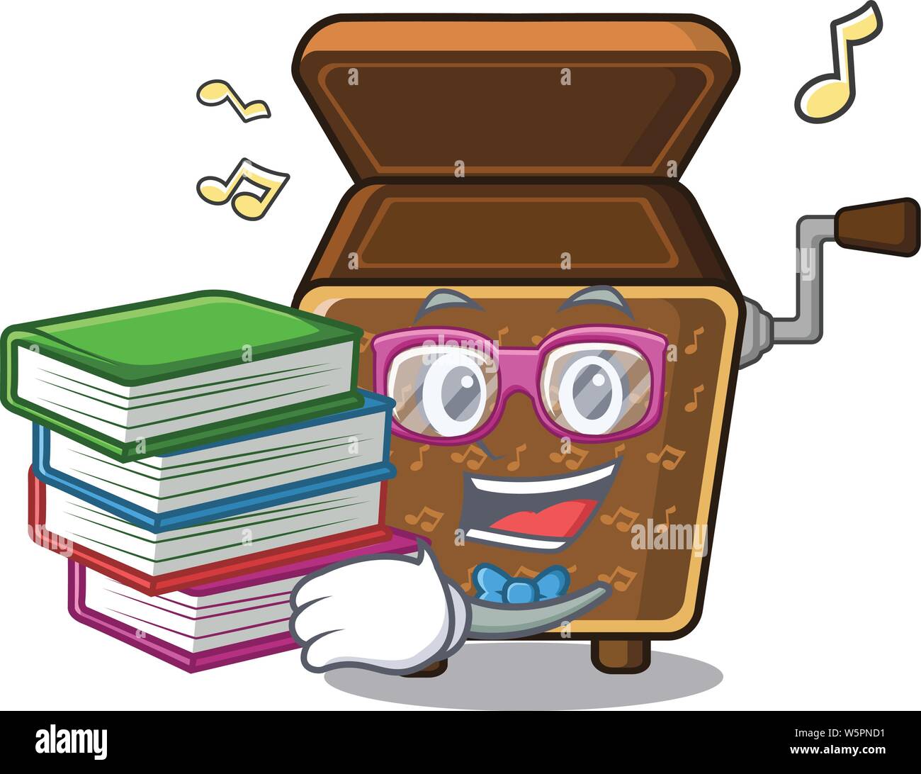 Student with book toy music box the mascot table vector illustration Stock Vector