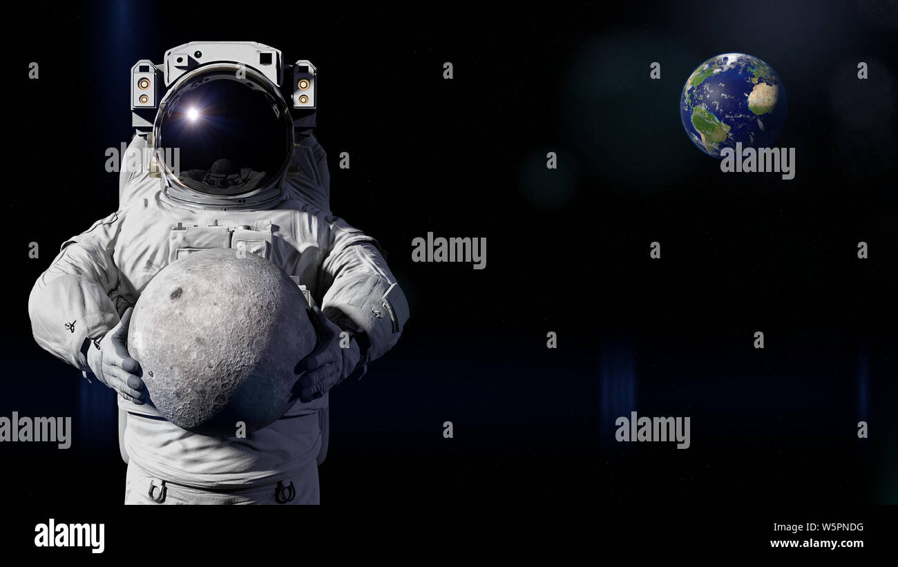 astronaut holding the Moon, showing the far side (3d space illustration, elements of this image are furnished by NASA) Stock Photo