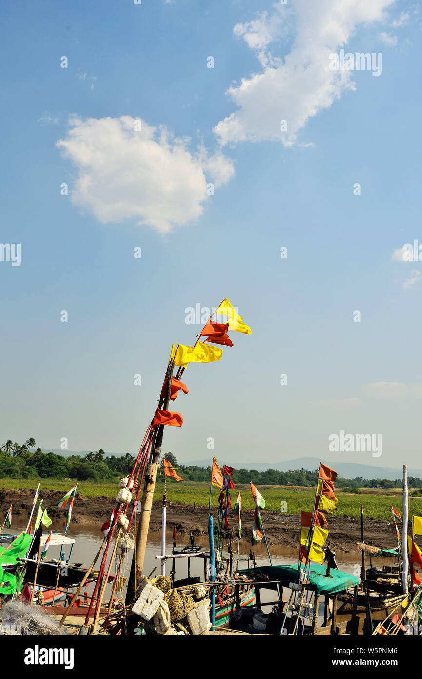 Flags of fishing boats Dehri beach Valsad Gujarat India Asia Stock ...