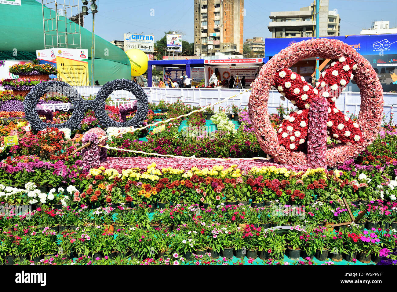 Charkha made of flowers Flower Show Surat Gujarat India Asia Stock Photo