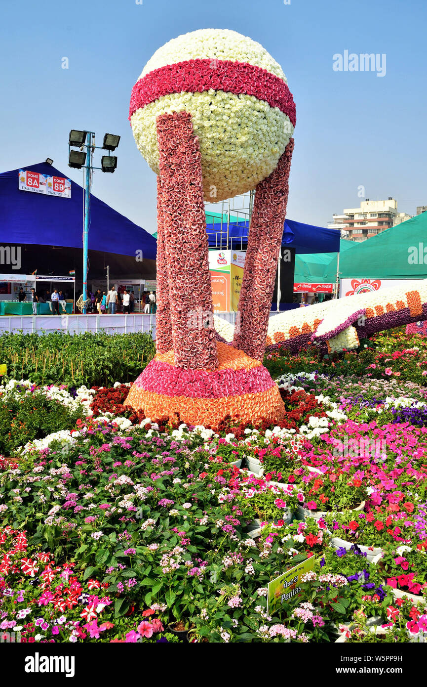 World Cup made of flowers Flower Show Surat Gujarat India Asia Stock Photo