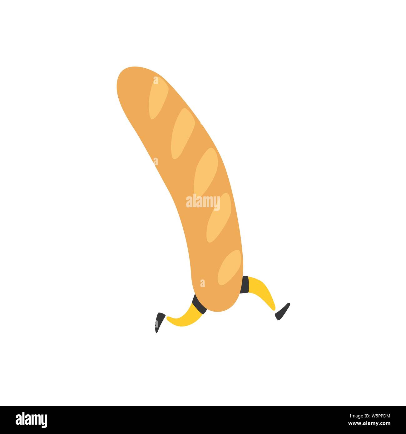 Illustration of a tasty french baguette. Vector. Character with legs. Icon for site on white background. Sign, logo for the store. Delivery of fresh b Stock Vector