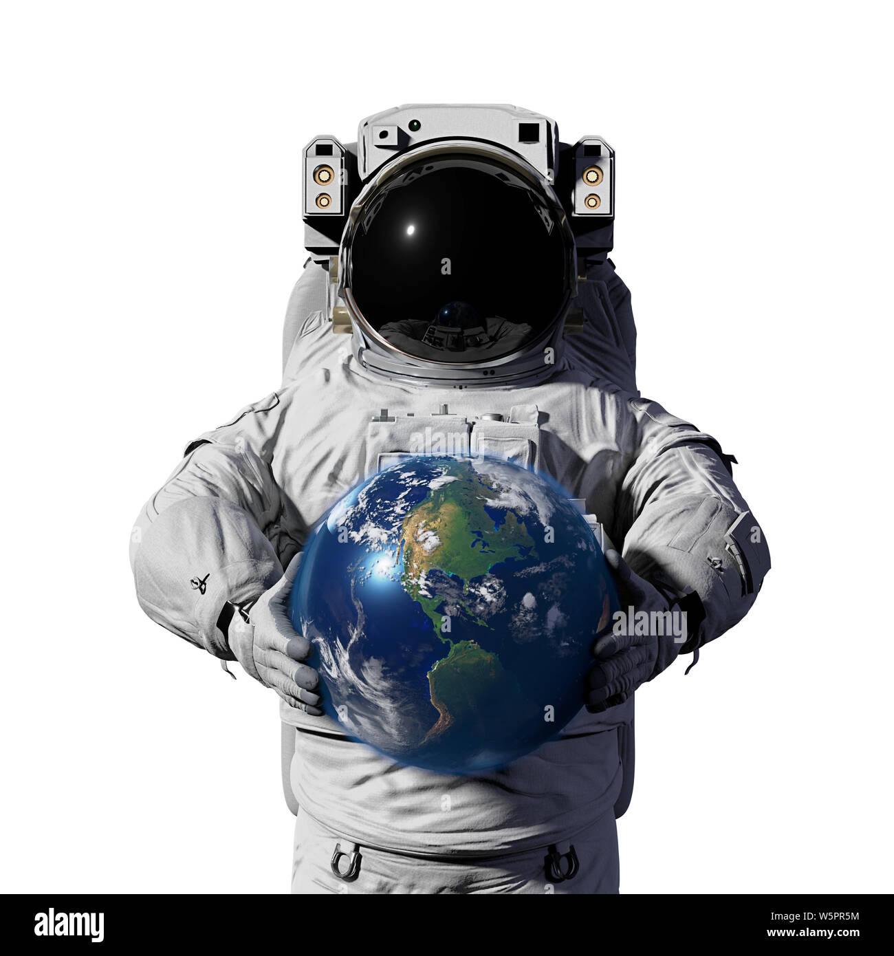astronaut holding planet Earth featuring North, Central and South America, isolated on white background (3d space illustration, elements of this image Stock Photo